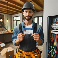 A licensed electrician wearing a uniform and safety gear, showing their credentials and working on a homes electrical wiring. The background includes a modern home interior. Location Sherwood, Oregon