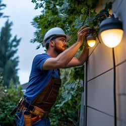professional electrician installing outdoor lights