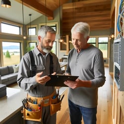 An electrician and a homeowner conducting a final inspection, reviewing the completed electrical work in a modern home interior. Location Wilsonville, Oregon