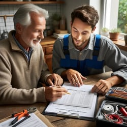 An electrician and a homeowner sitting at a table, discussing a detailed estimate document. The electrician is pointing to specific items on the document. Location Tualatin, Oregon