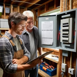 An electrician assessing an electrical panel, explaining its capacity and potential need for upgrades to a homeowner. The background includes a utility room with tools and equipment. Location Hillsboro, Oregon