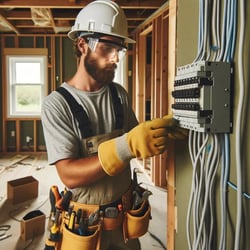 An electrician wearing safety gear, using proper tools and protocols, ensuring safety during an electrical project. Background shows a partially completed home interior. Location Tigard, Oregon