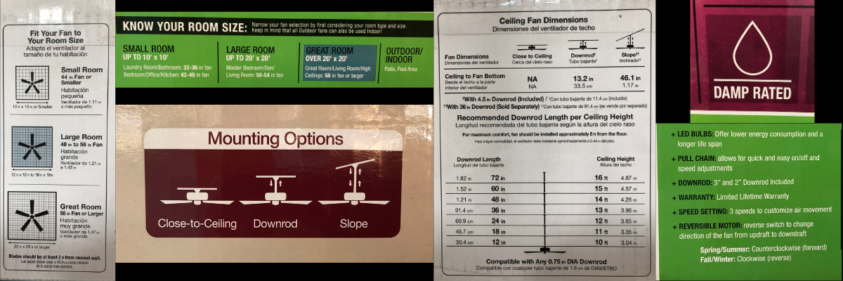 Ceiling fan purchase options shown on packaging