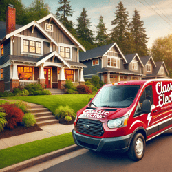 Classic Electric van parked in a Sherwood, Oregon neighborhood, ready to provide expert electrical services.