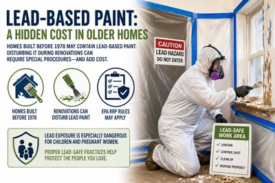 Lead-based paint abatement and EPA RRP lead-safe renovation procedures in an older home. Contractor uses containment barriers, protective clothing, and dust-control methods required when remodeling homes built before 1978 to protect children and families from lead exposure.