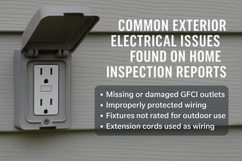Exterior GFCI outlet with text highlighting common home inspection issues like damaged outlets, exposed wiring, and outdoor-rated fixtures