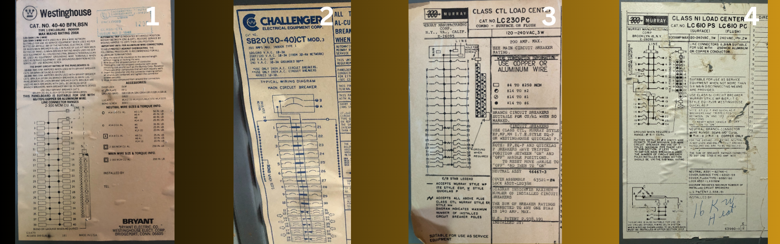 Four different electrical panel schematics