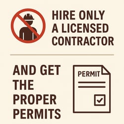 Graphic sign stating ‘Hire Only a Licensed Contractor and Get the Proper Permits’ with icons representing permit documents and contractor warnings for Oregon home remodels