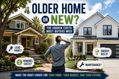 Homebuyer comparing an older home and a new construction home while evaluating remodeling costs, lead-based paint concerns, electrical upgrades, energy efficiency, maintenance expenses, and modern safety features before purchasing a house.
