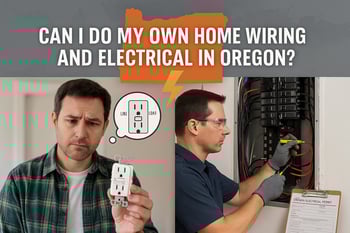 Split image showing a puzzled homeowner holding a GFCI outlet with a diagram of reversed line and load terminals, alongside a licensed Oregon electrician working on a breaker panel with an electrical permit form visible, highlighting DIY wiring challenges and the importance of professional electrical work