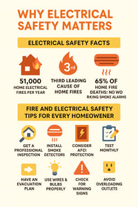 Infographic titled Why Electrical Safety Matters showing home electrical fire statistics and fire prevention tips. Highlights include 51,000 electrical fires annually, electrical distribution as the third leading cause of house fires, and 65% of fire deaths occurring in homes without smoke detectors. Safety recommendations include professional electrical inspections, installing smoke detectors, using AFCI protection, testing devices monthly, having an evacuation plan, proper use of light bulbs and wiring, watching for warning signs, and avoiding overloaded outlets.