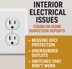 Interior electrical issues highlighted on home inspection reports including missing GFCI, ungrounded outlets, faulty switches, and open splices