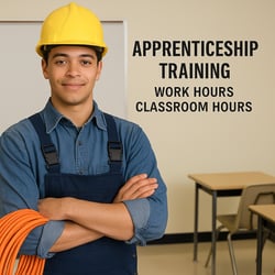 Apprentice electrician in Oregon wearing a hard hat and overalls, holding orange wire in a classroom setting. The image represents apprenticeship training with a balance of work hours and classroom hours, emphasizing electrician education and career preparation in Oregon.