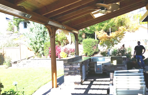 Outdoor kitchen with heaters and ceiling fan